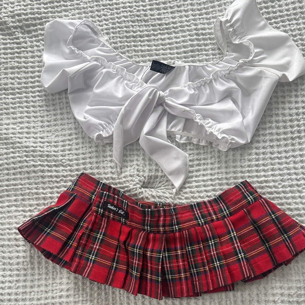 White Crop Top and Red Plaid Skirt Set